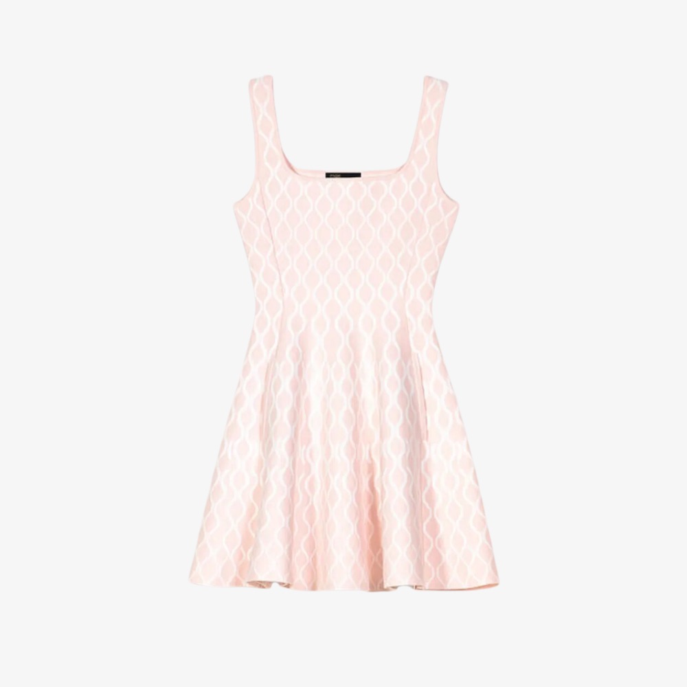 Đầm ngắn dệt kim jacquard cổ vuông