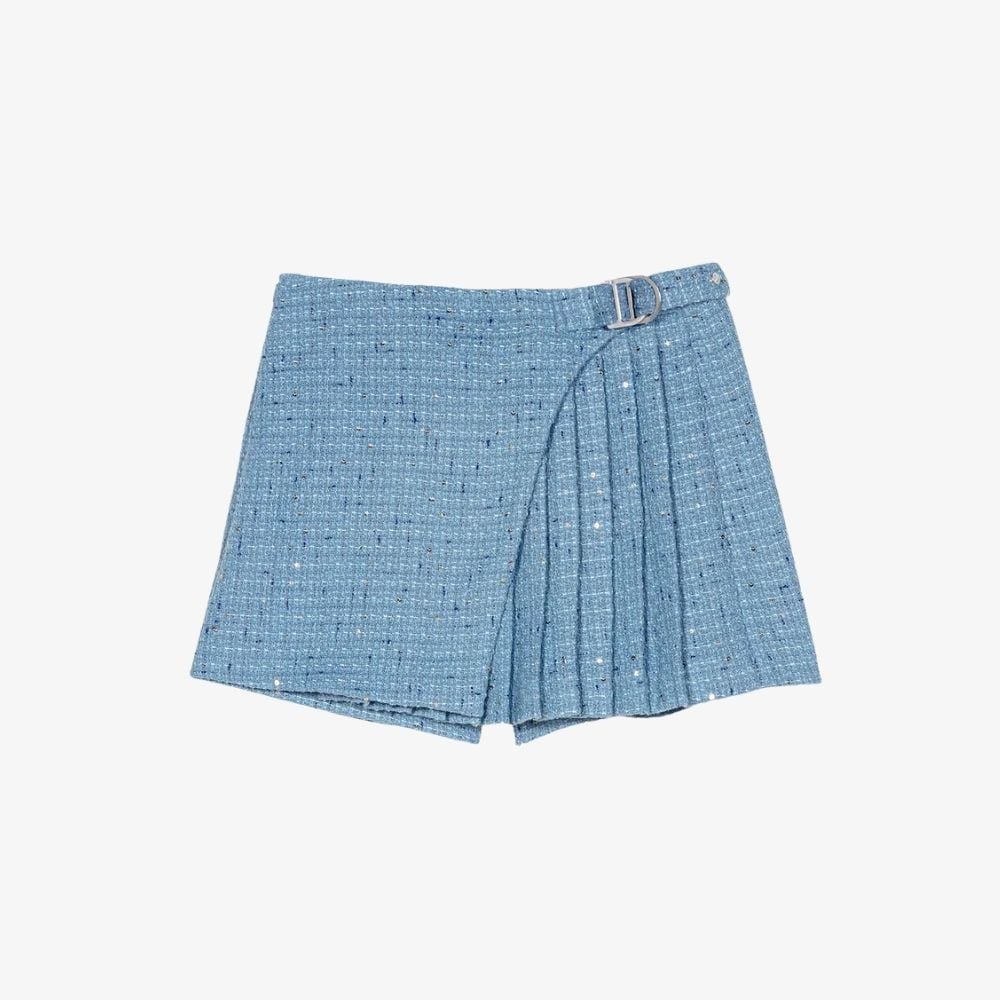 Quần short giả váy tweed xếp ly