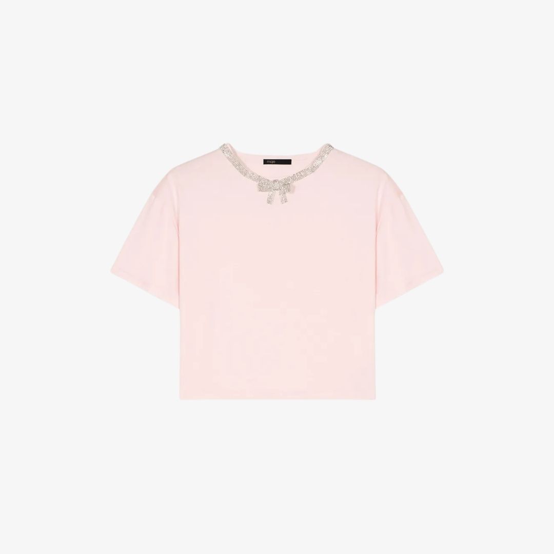 Áo thun cotton cổ viền dải đá nơ lấp lánh