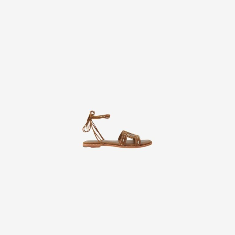 Giày sandal đế bệt buộc dây đính đinh nâu