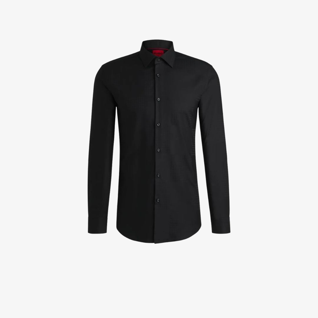 Áo sơ mi dáng slim-fit vải cotton jacquard in họa tiết caro