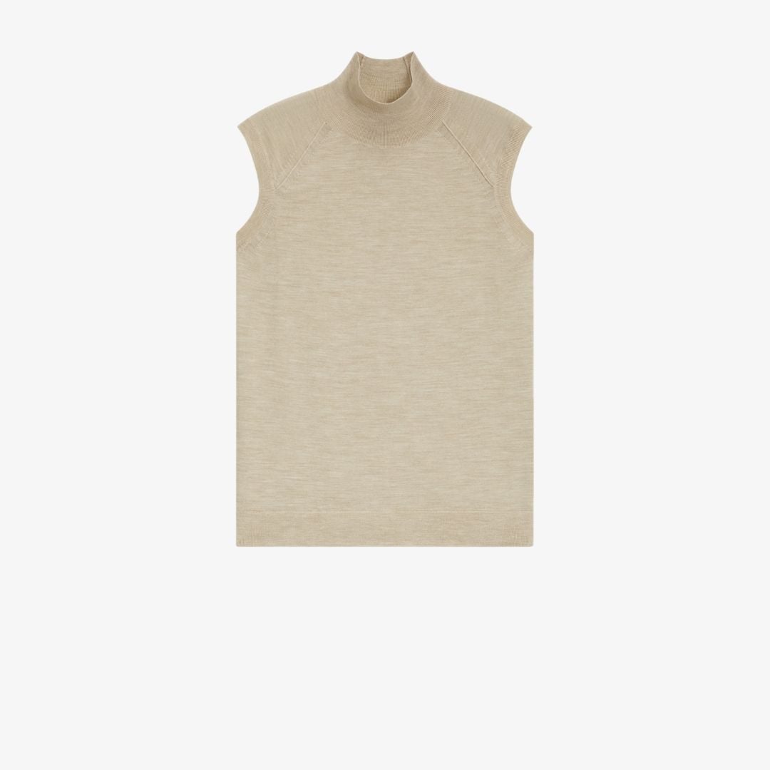 Áo len merino không tay, cổ cao nhẹ