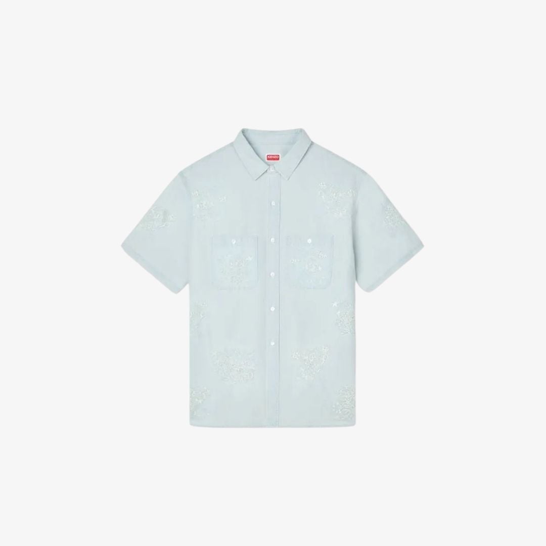 Áo sơ mi ngắn tay thêu KENZO Cartoon màu xám nhạt (stone bleach chambray)