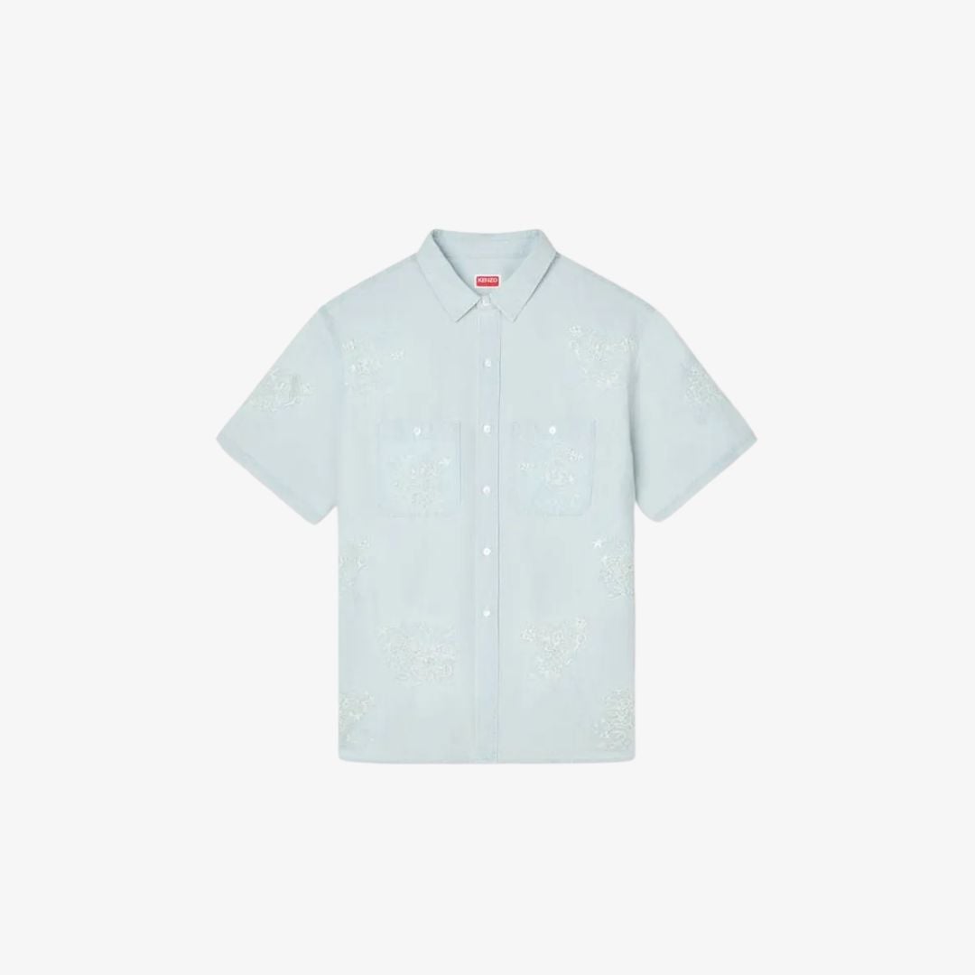 Áo sơ mi ngắn tay thêu KENZO Cartoon màu xám nhạt (stone bleach chambray)