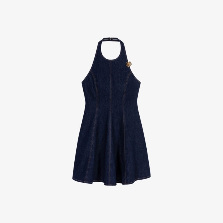 Đầm denim ngắn đính trâm hoa