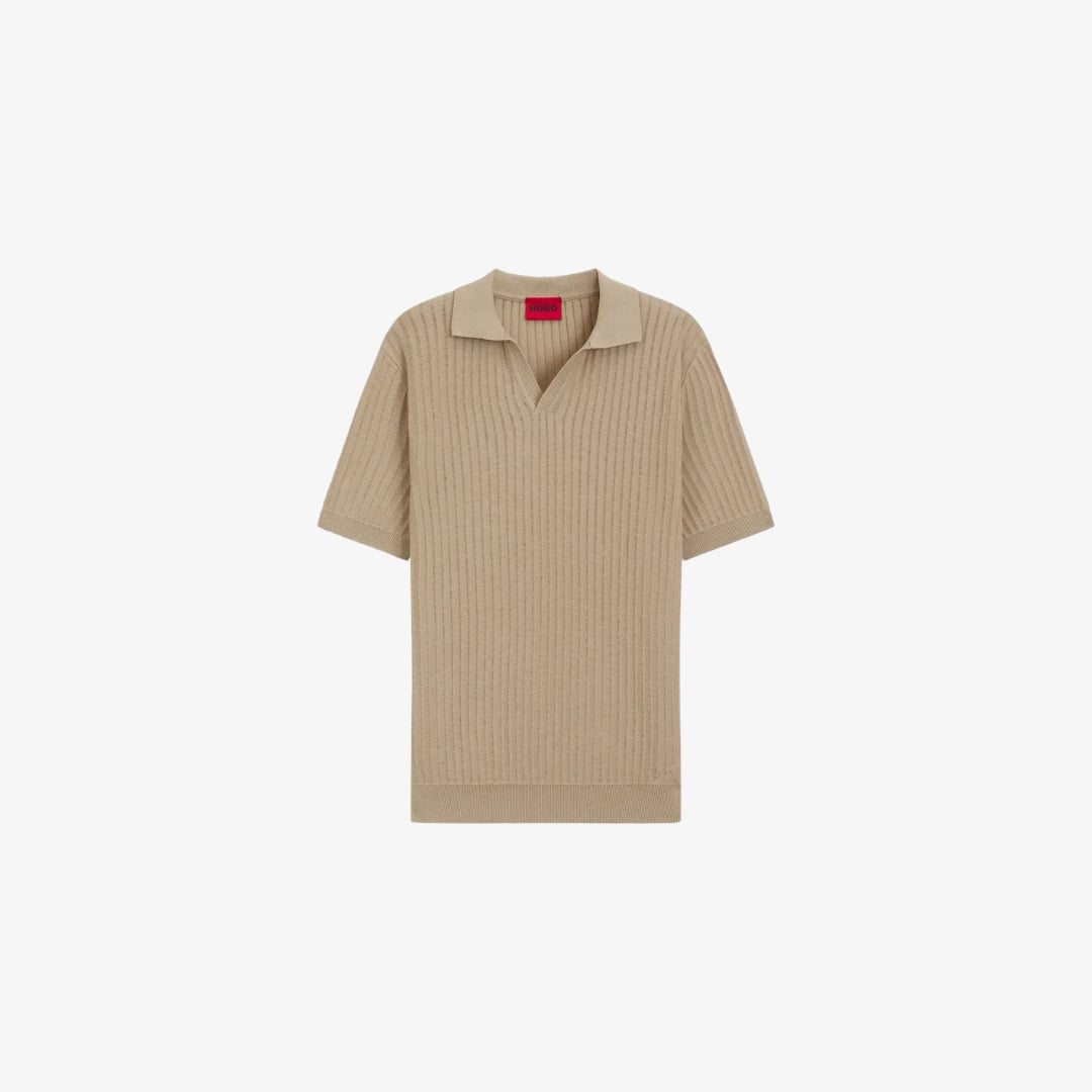 Áo polo dệt kim cổ bẻ, vải jacquard pha cotton và lanh