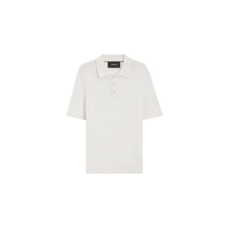 Áo polo dệt kim kiểu cáp bằng chất liệu cotton và cashmere.