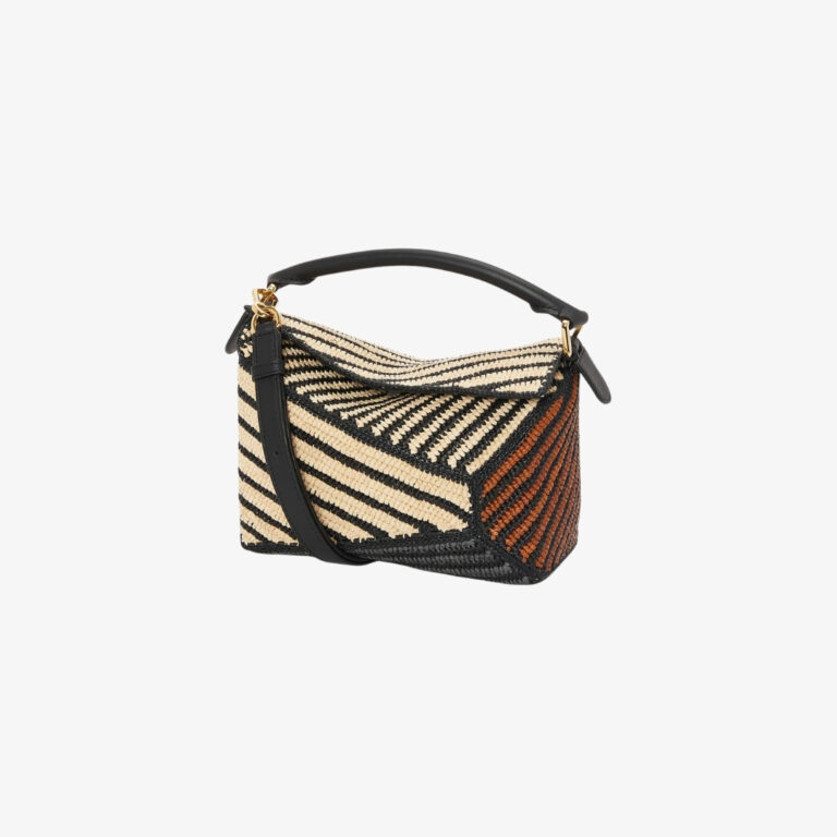 Túi Puzzle Edge da bò pha Raffia sọc nhỏ